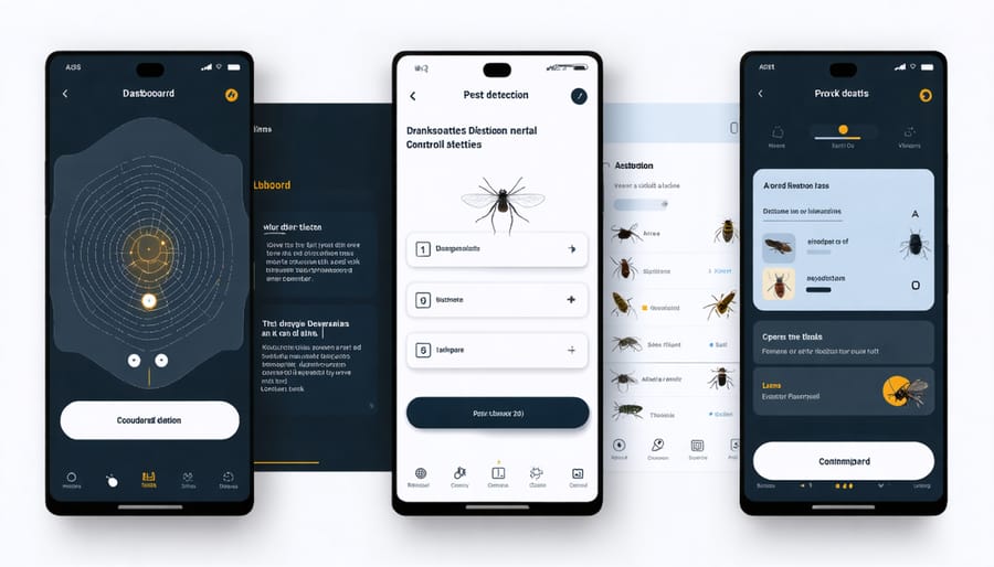 Smartphone screen displaying pest control system interface with active alerts and controls