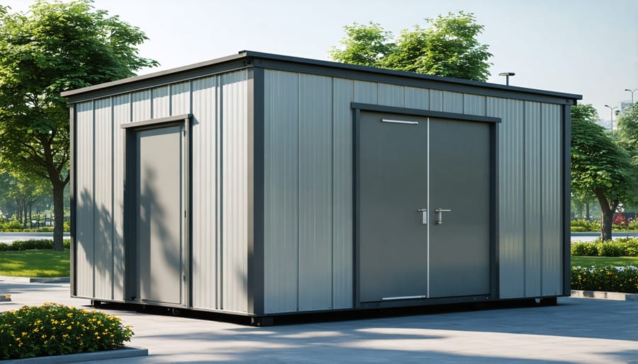 Modern portable outdoor shed with wheels and modular design elements