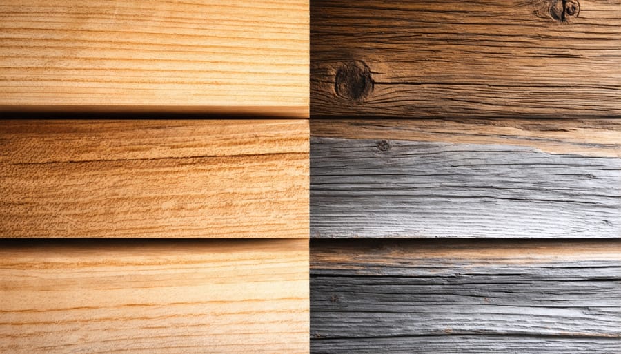 Comparison between new and reclaimed wood planks showing texture and color differences