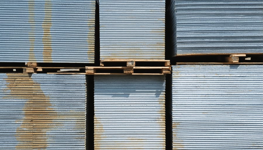 Various recycled metal building materials including corrugated panels and sheet metal