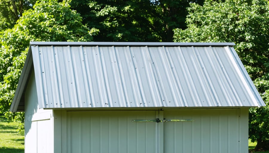 Person applying weatherproof sealant to shed roof joints and seams