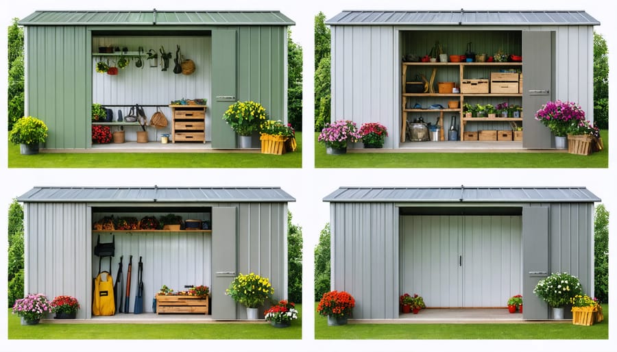 Four-panel image showing the same shed space organized for spring, summer, fall, and winter use