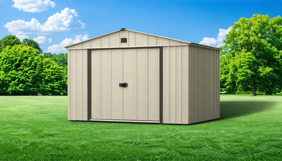 Illustration of a storage shed anchored with concrete anchors, auger screws, hurricane ties, and L-brackets amidst sunny weather, symbolizing protection and security.