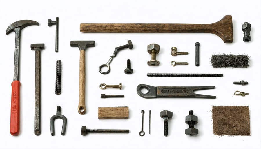 Essential tools and materials for shed anchoring including anchors, brackets, drill, and hardware