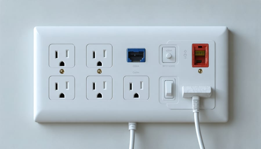 Professional electrical installation in home office shed with organized wiring and connectivity solutions