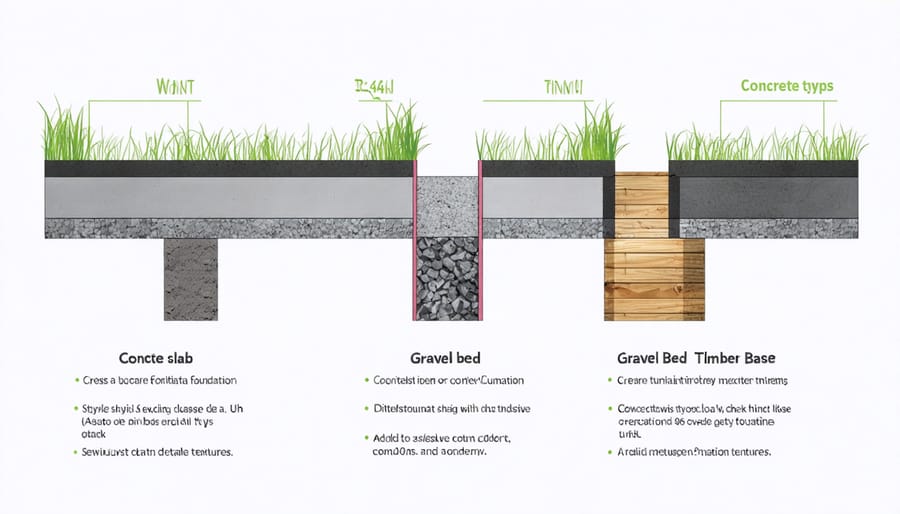Comparative illustration of three common shed foundation types and their components