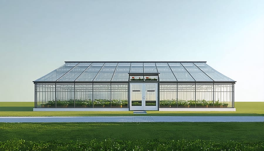 Architectural design of a combination shed and greenhouse structure highlighting ideal sun orientation
