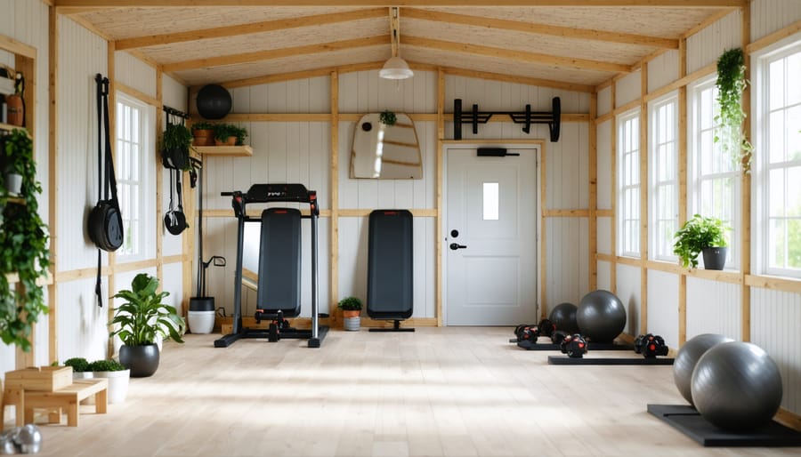 Transformed portable shed interior with workout equipment, mirrors, and rubber flooring