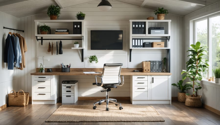 Ergonomic workspace layout in shed office with built-in storage and proper lighting