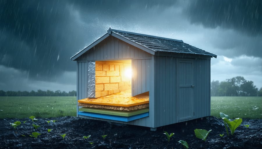 Illustration of a garden shed with highlighted features such as ventilation, vapor barriers, and insulation, showcasing its protection against stormy weather and moisture.