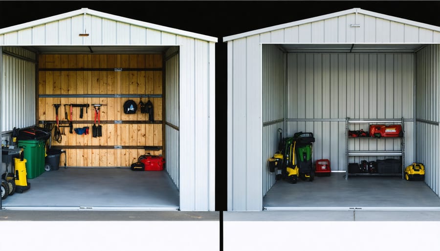 Before and after comparison showing traditional cluttered shed storage versus organized flexible storage zones