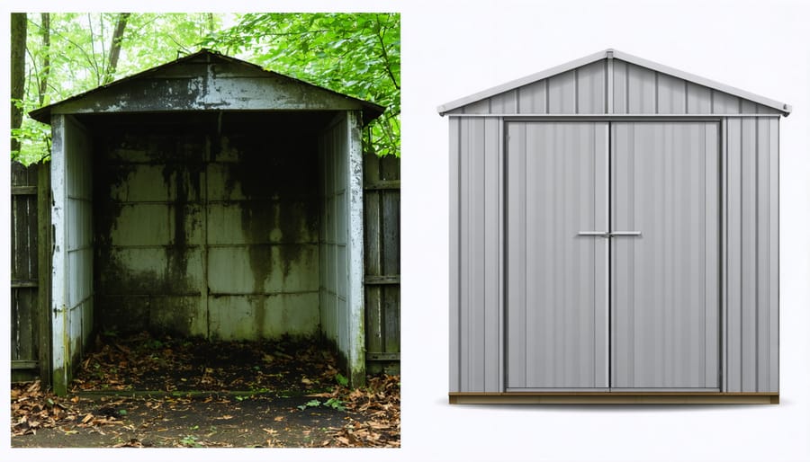 Side-by-side comparison of poorly ventilated vs. well-ventilated shed interiors