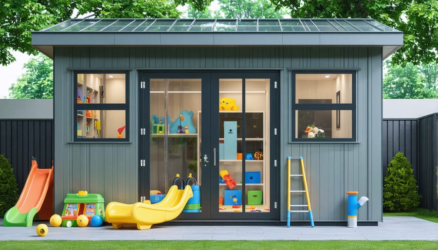 Garden shed with windows positioned to maintain visibility of playground area