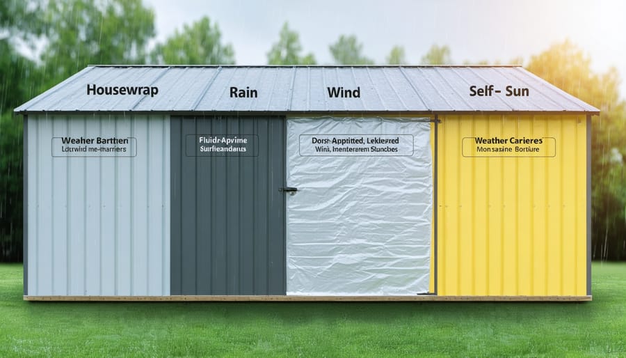 Illustration of a shed protected by various weather-resistant barriers like housewrap, fluid-applied, and self-adhered membranes, showcased under rain, wind, and sunshine.