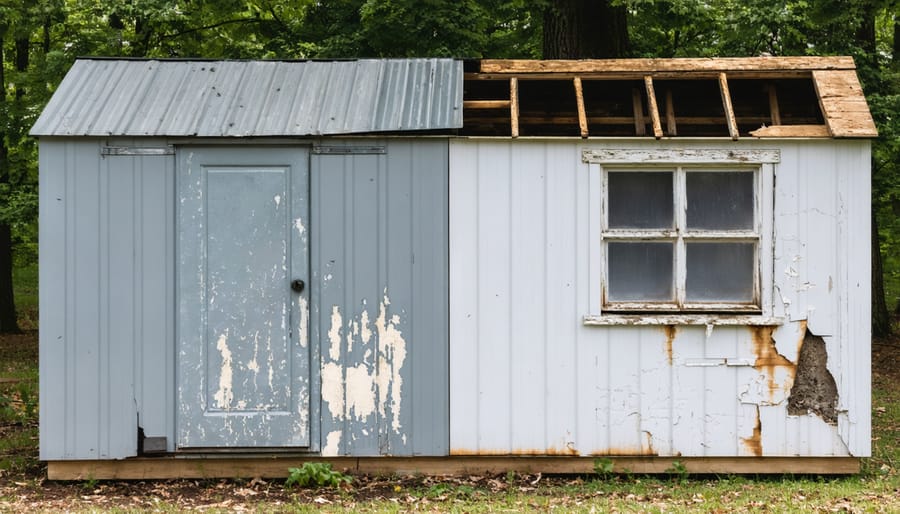 Multiple examples of weather-related damage to storage sheds