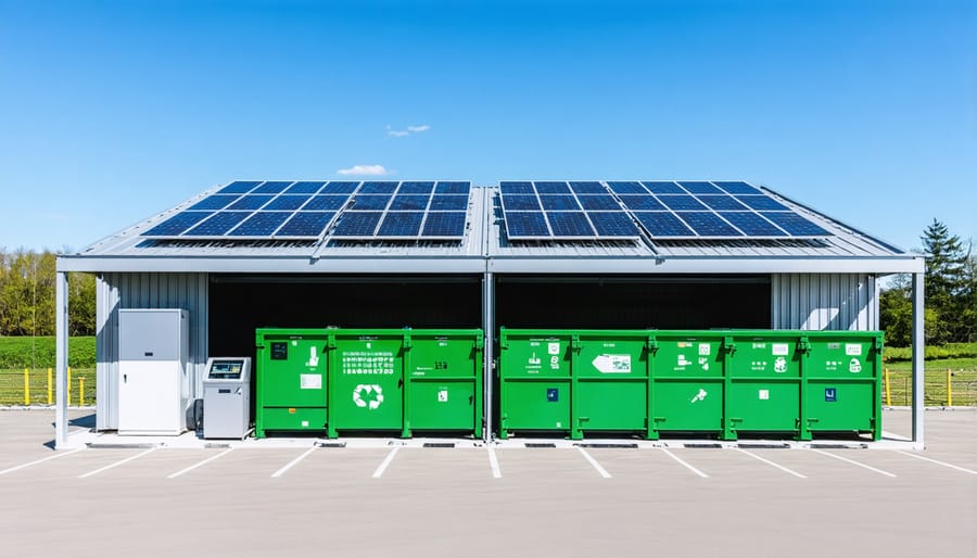 Contemporary waste management shed featuring sustainable design elements and digital monitoring system