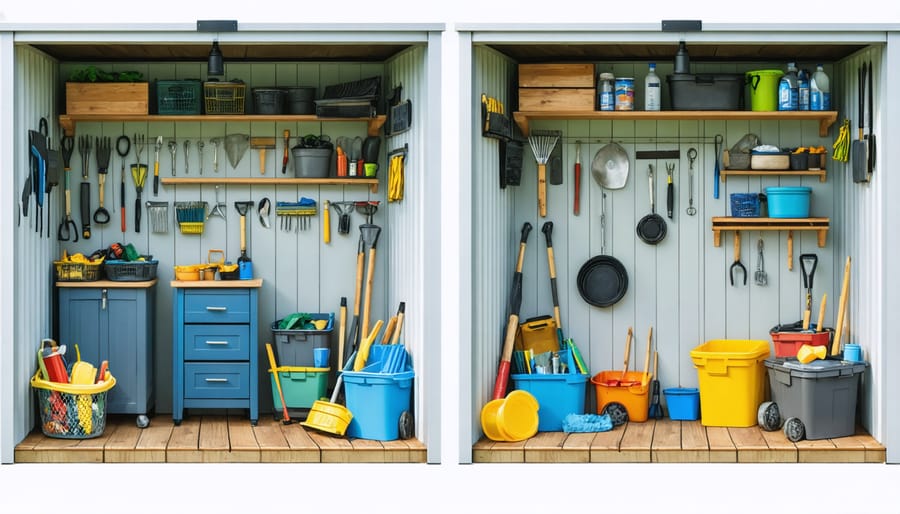 Before and after comparison of a cleaned and organized garden storage shed