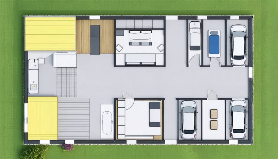 Storage shed layout diagram showing organized zones for gardening, tools, and seasonal items