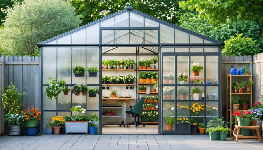 Interior view of well-organized shed-greenhouse combination with storage systems and work areas