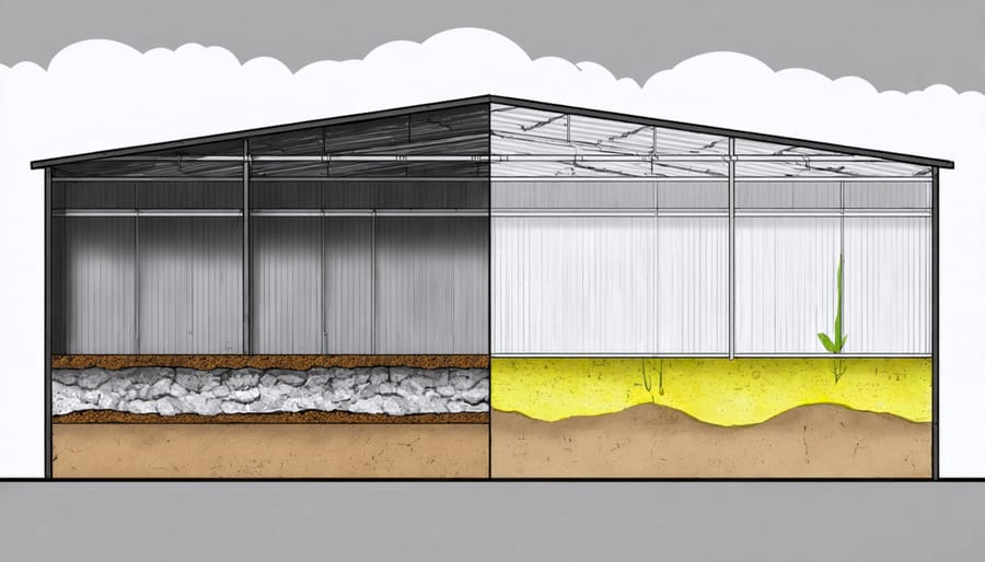 A split-view illustration of a shed; one side shows signs of moisture damage like mold and wood rot, while the other depicts a dry and protected interior using advanced thermal insulation materials. External weather conditions such as sunlight and rain illustrate the shed's defensive capabilities.