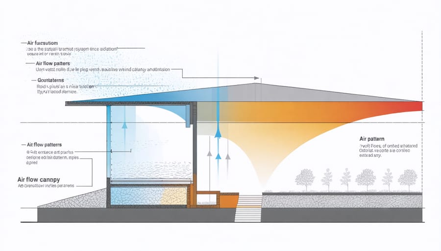 Technical diagram illustrating wind flow patterns through a vented canopy roof with arrows showing air movement
