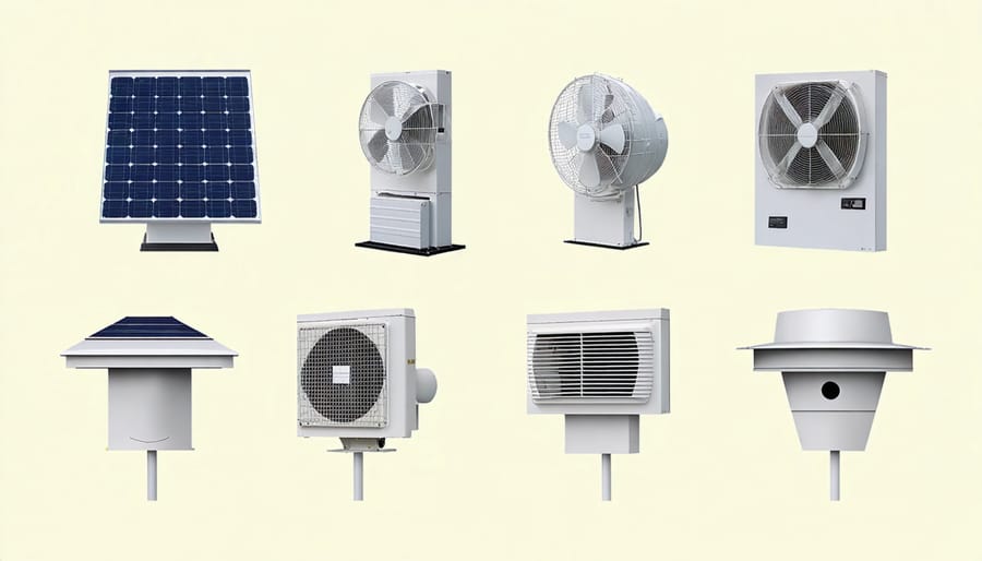 Different types of shed ventilation fans displayed with labels