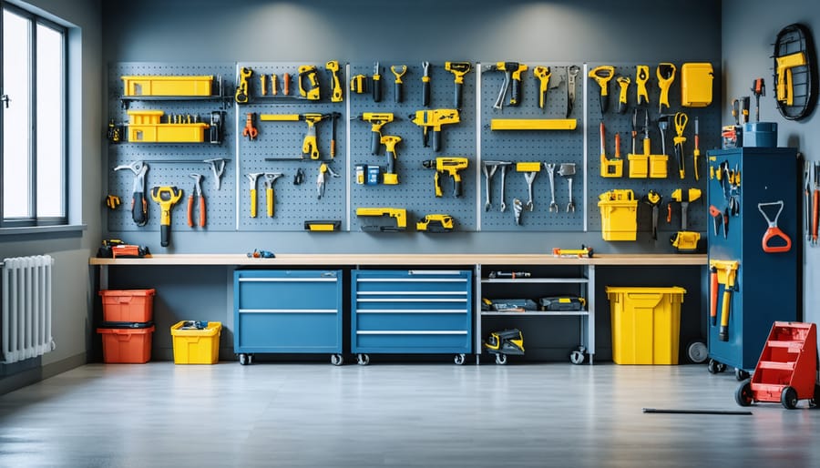 Vertical storage organization system in a 3-sided shed featuring hooks, shelves, and pegboards