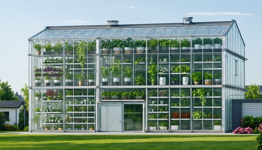 Space-efficient vertical greenhouse mounted on exterior wall with tiered plant displays