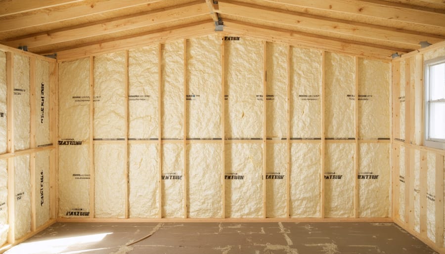 Person installing insulation between wooden studs in a garden shed wall