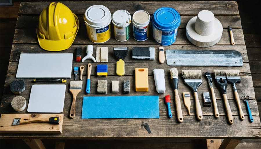 Various weatherproofing supplies including sealants, weather stripping, vapor barriers, and protective coatings