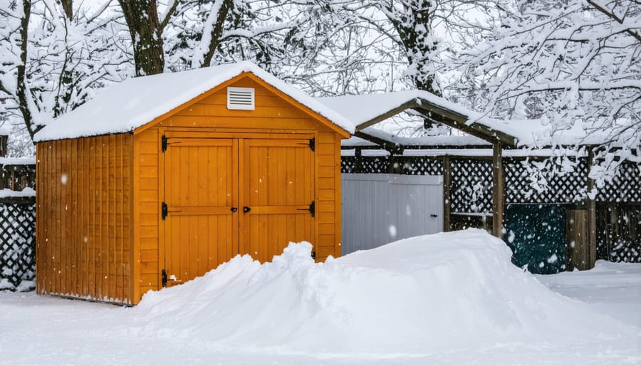 Storage shed in winter with cleared paths and protected roof showing proper snow management