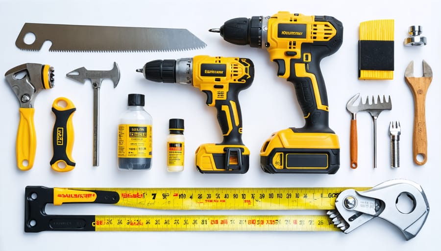 Organized collection of woodworking tools needed for 4x4 furniture construction