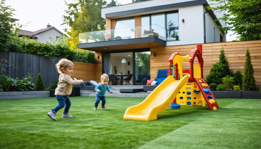 Multi-zone backyard playground showing separate areas for toddlers and older children at play