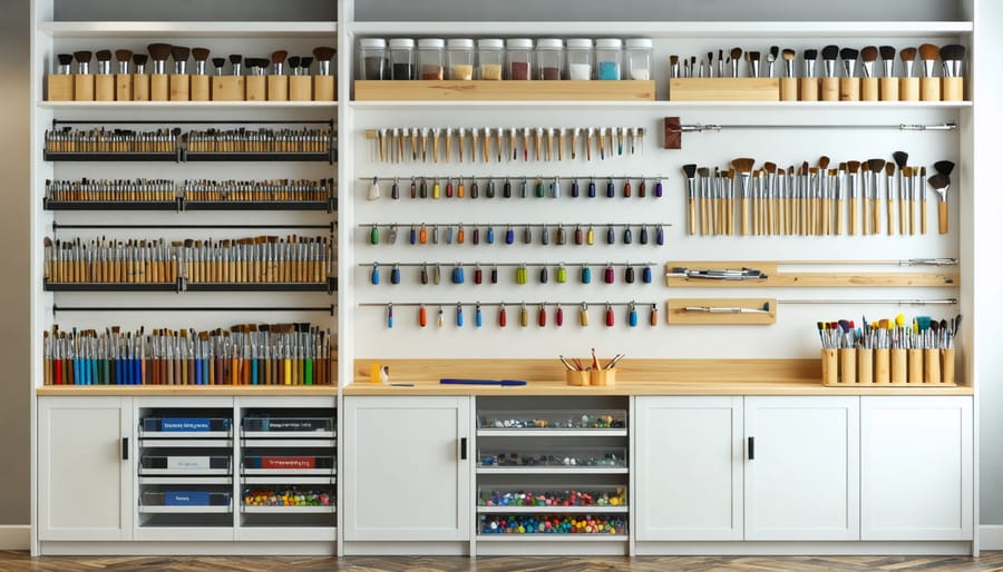 Creative storage solutions for art supplies in a converted shed studio