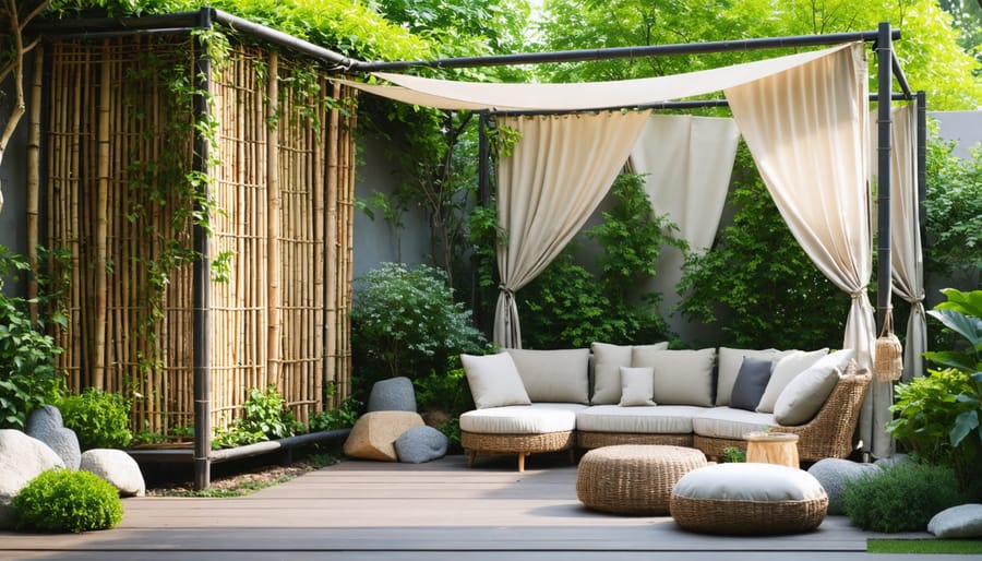 An inviting backyard featuring bamboo screens, a trellis with greenery, and drop cloth curtains, creating a private and cozy patio setting.