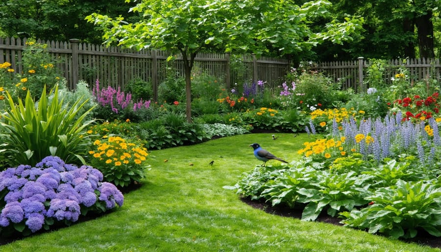 Biodiverse garden with native flowers, butterflies, bees, and bird bath