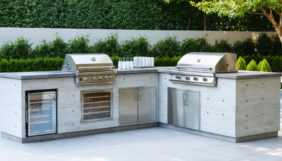 Budget-friendly outdoor kitchen layout with concrete countertops and built-in grill