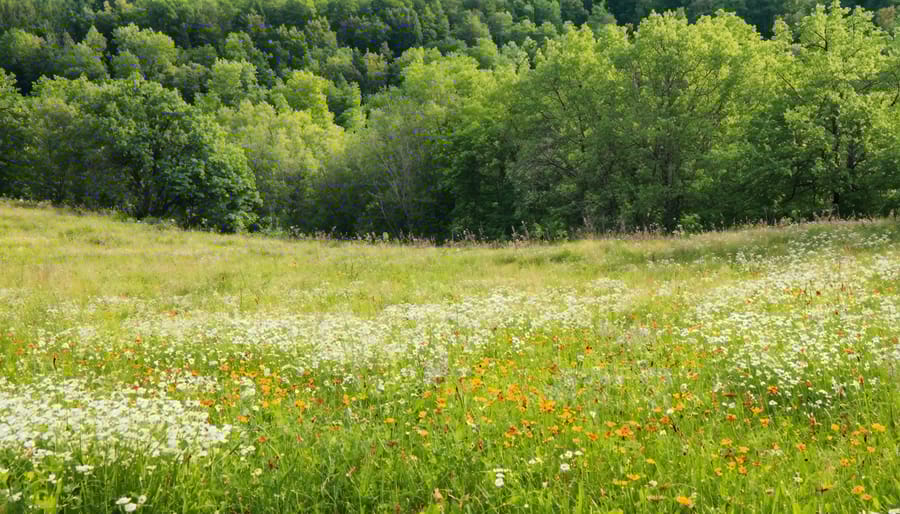 Low-maintenance landscape featuring Kansas native buffalo grass and scattered wildflowers