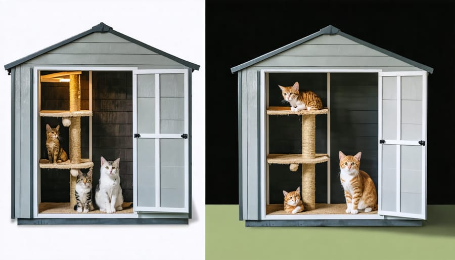 Storage shed transformation into a cat habitat with climbing features