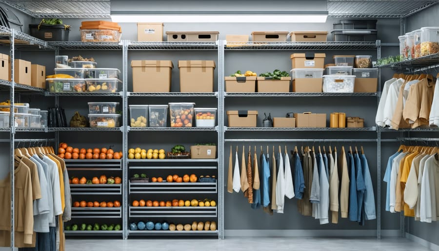 Ceiling-mounted storage racks in garden shed with seasonal equipment stored above