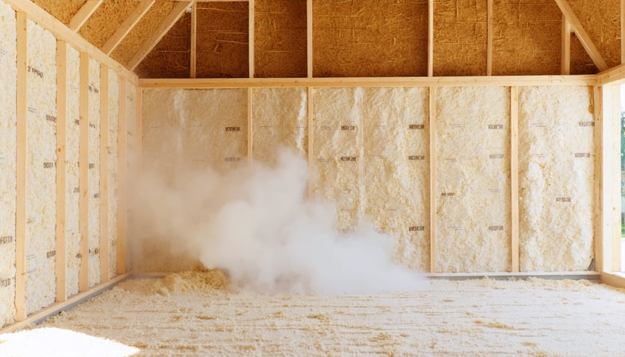 Worker spraying recycled cellulose insulation into wooden shed wall