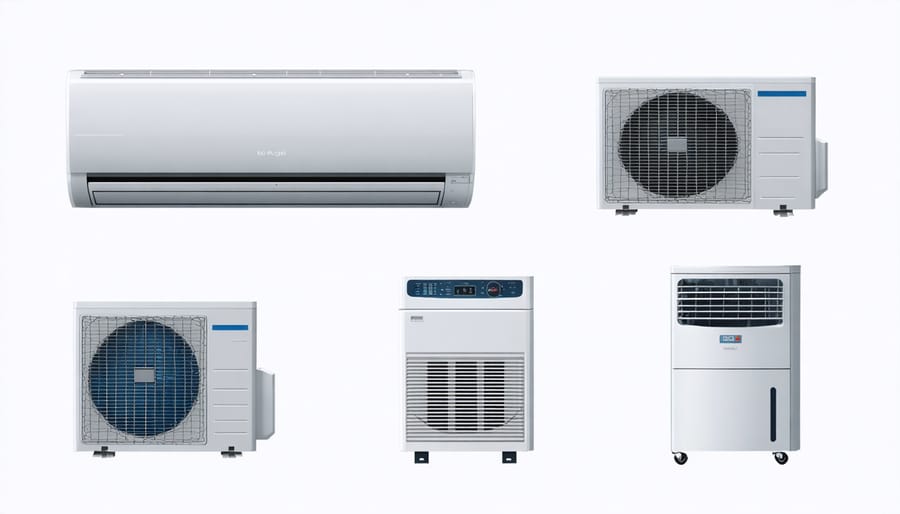Various climate control system options for storage sheds with size indicators