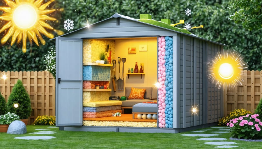 Cross-sectional illustration of a garden shed with layered thermal insulation materials, including reflective foil and foam boards, demonstrating effective year-round temperature control.