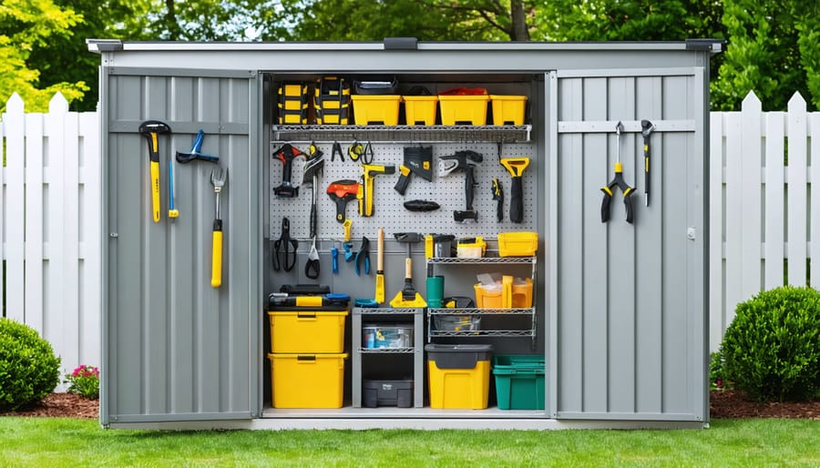A compact garden shed with an open door reveals a well-organized interior with vertical storage solutions, including pegboards with tools, shelves with labeled bins, and ceiling racks with seasonal items in a tidy backyard setting.