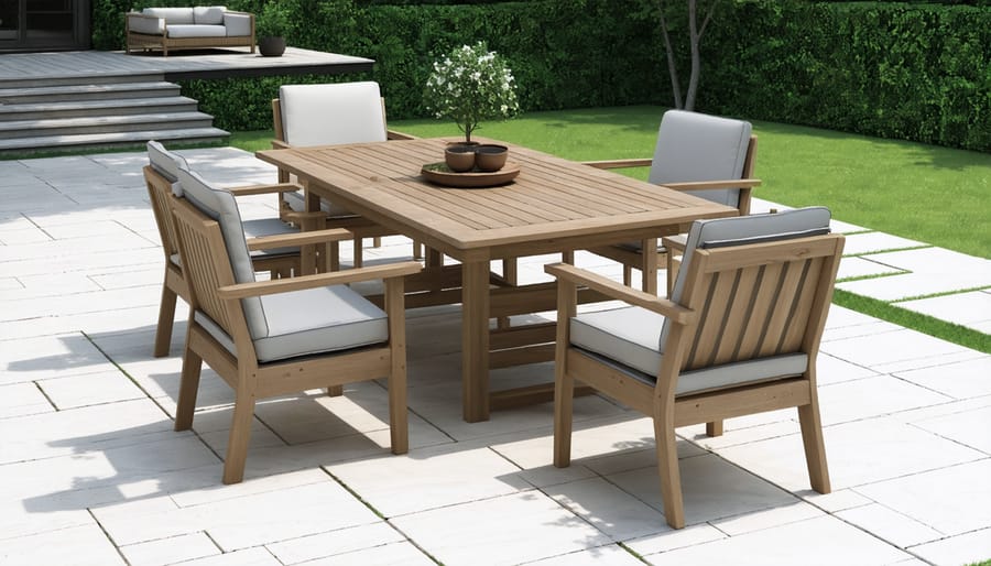Completed 4x4 outdoor furniture set with natural finish in garden setting