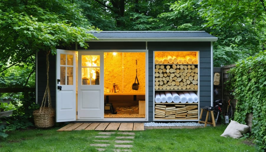 A cozy shed in a garden setting with layers of insulation materials like reflective barriers, foam boards, and wool batts, showcasing the benefits of proper shed insulation for energy efficiency and comfort.