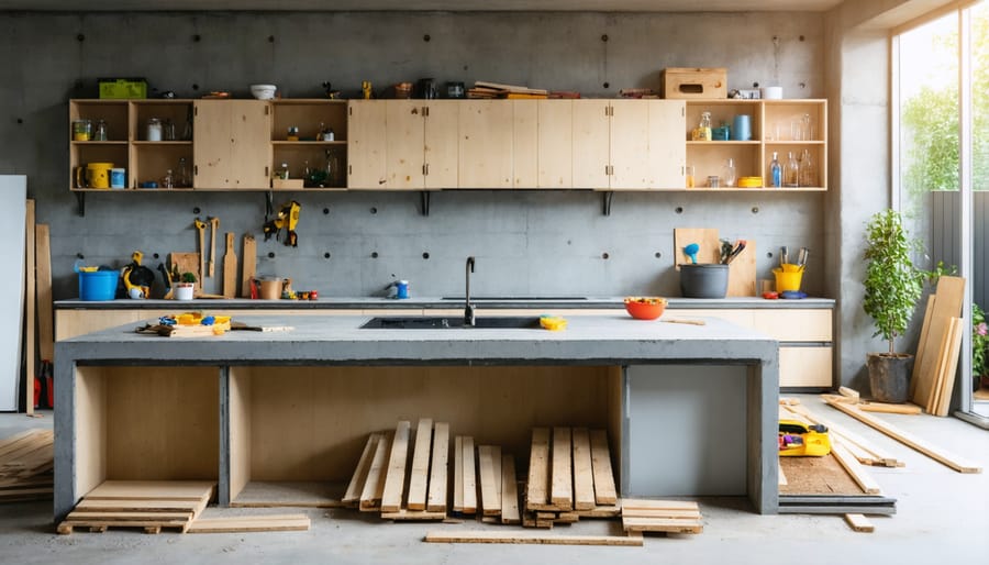 Step-by-step installation of concrete countertop and repurposed cabinets in outdoor kitchen