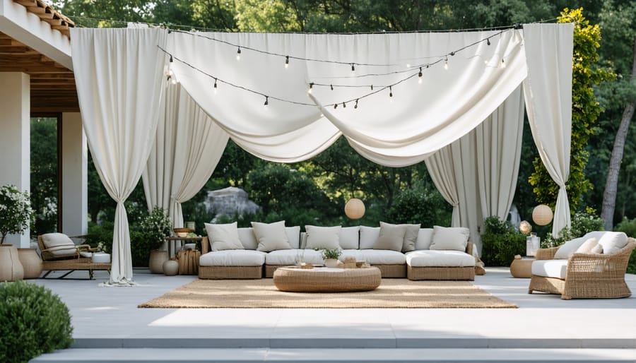 Patio area with DIY drop cloth curtains providing privacy and style