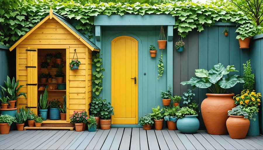 A colorful outdoor space featuring a wooden garden shed, fences, and plant pots, all painted with eco-friendly paints using natural, sustainable ingredients, symbolizing a balance between nature and sustainable living.