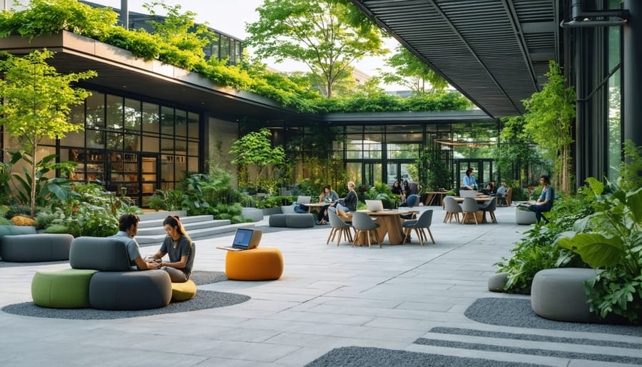 A sustainable outdoor workspace with permeable pavement, native trees for natural cooling, and recycled furniture.